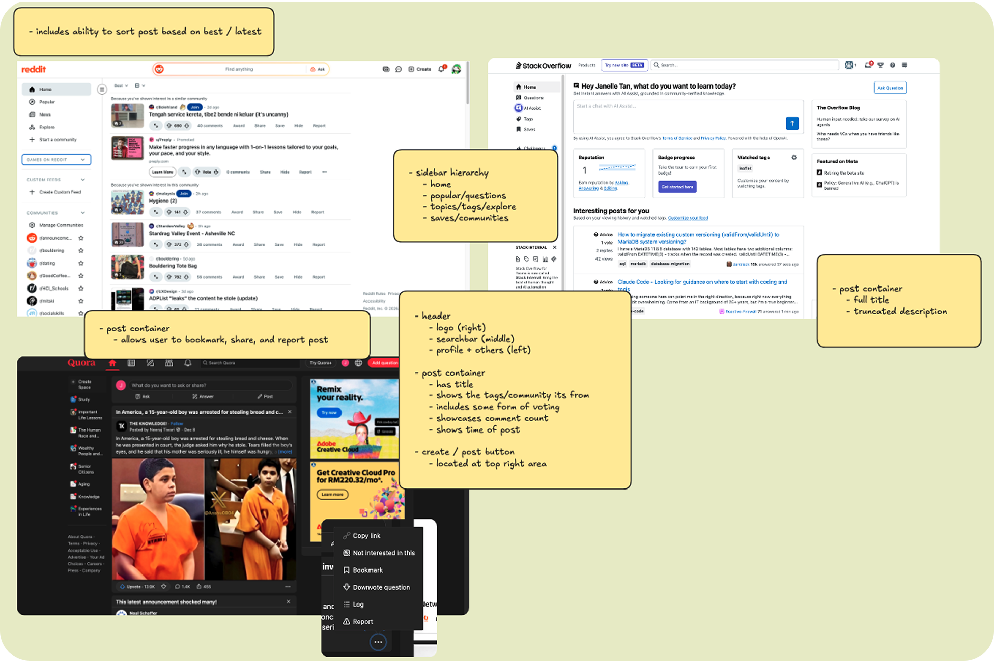 Annotated screenshots of existing forums I studied: Reddit, Stack Overflow, Quora