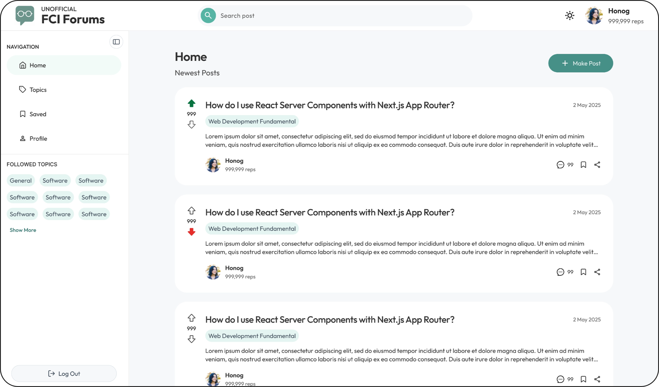 First iteration of the redesigned FCI Forum home screen