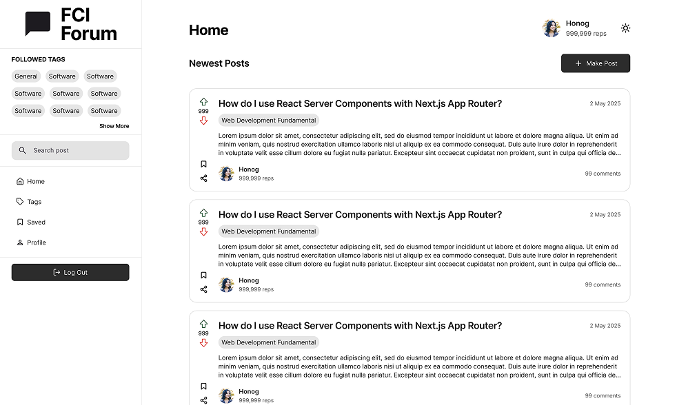 Early version of the forum home screen