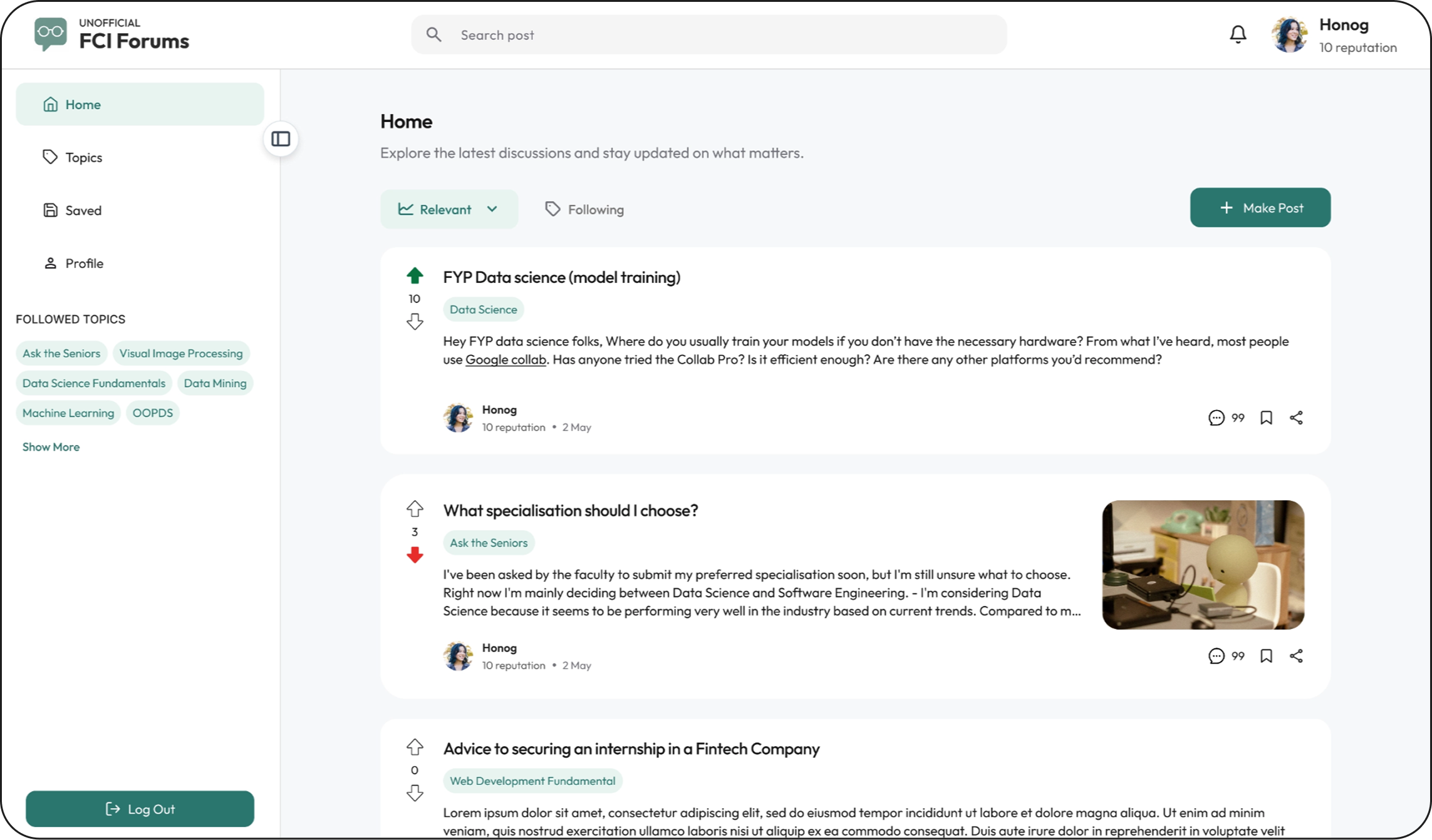 Current design of the redesigned FCI Forum home screen
